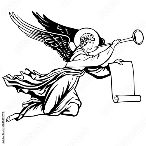 a woodcut-style depiction of a flying angel, often associated with the Archangel Gabriel. The figure is shown in a dynamic horizontal pose, blowing a long trumpet while holding an unrolled scroll.