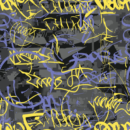 Graffiti seamless pattern with street art wall tags. Abstract typography graphic background. Urban design for t-shirts and clothes textiles. Grunge dirty hand drawn texture. Vector