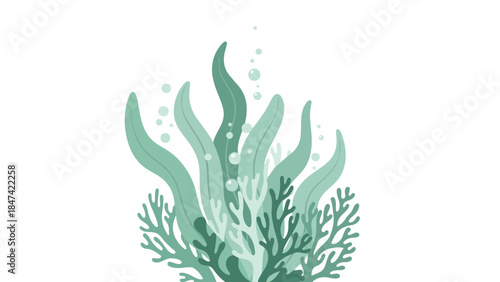 Vibrant underwater kelp forest with delicate branching coral and floating bubbles in serene aquatic scene