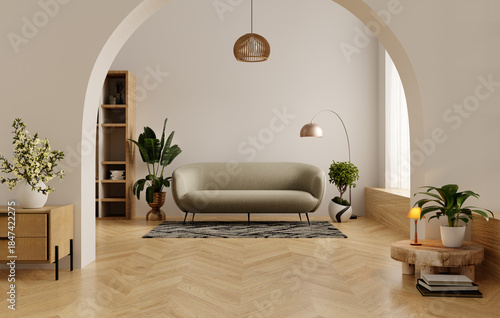 Interior design showcasing modern minimalism in relaxed living spaces. 3D render illustration