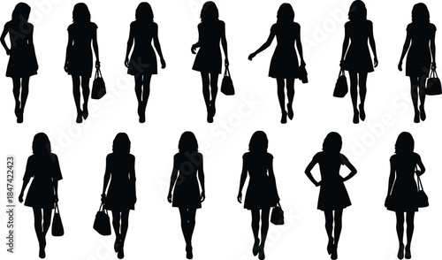 Collection of stylish woman walking silhouettes in various poses