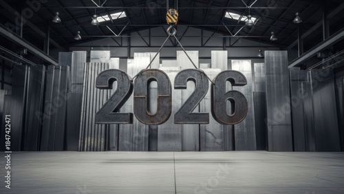 Industrial 2026 digits suspended in a factory hall with overhead crane