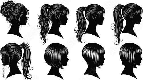 Eight distinct female silhouette hairstyles showcasing various updos and bobs