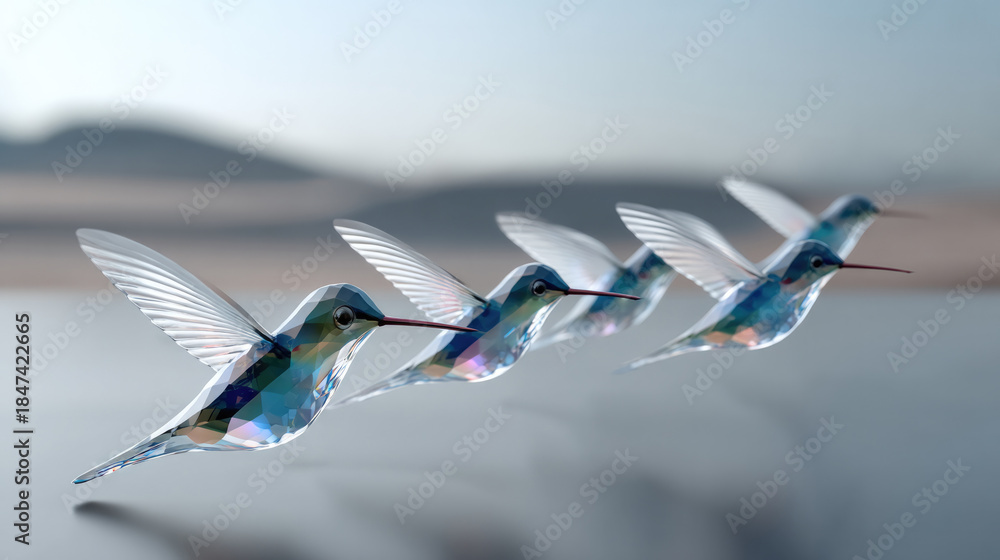 Obraz premium Crystal hummingbird sculpture group flying in formation, transparent glass effect, soft background, modern art, serene atmosphere