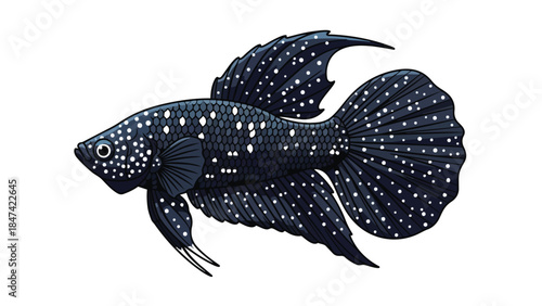 An intricately illustrated black Betta fish adorned with a constellation of luminous white specks across its flowing fins and body