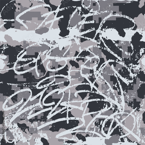 Graffiti lettering style wallpaper. Doodles caligraphy tag, street art texture. Seamless pattern. Composition with old school tags, signs. Youth subculture clothing streetwear, fabric print. Vector