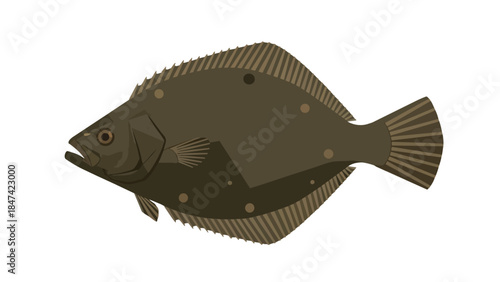 Artistic rendering of a flatfish showcasing its distinct body shape and patterned fins on a clean white background