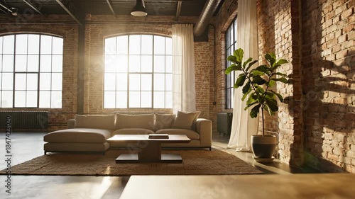 Sunlit Industrial Loft Living Room with Modern Sofa and Exposed Brick Walls.