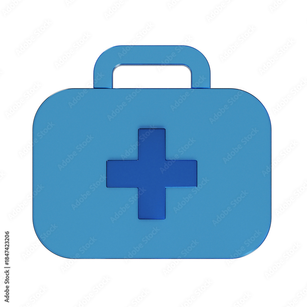 Obraz premium 救急箱のフラットなアイコンの3Dイラスト。透明感のある青いグラスモーフィズムなマーク2。ビジネスやUIに適した透明感のあるアイコン