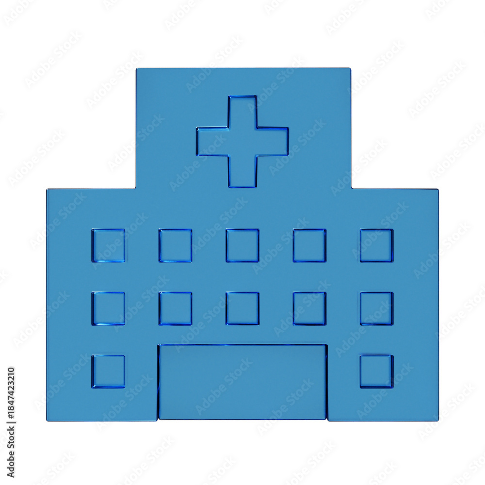 Obraz premium 病院のフラットなアイコンの3Dイラスト。透明感のある青いグラスモーフィズムなマーク2。ビジネスやUIに適した透明感のあるアイコン