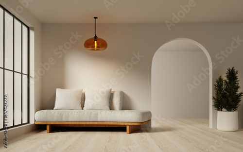 Elegant and modern living room with soft textures and airy design. 3D render illustration