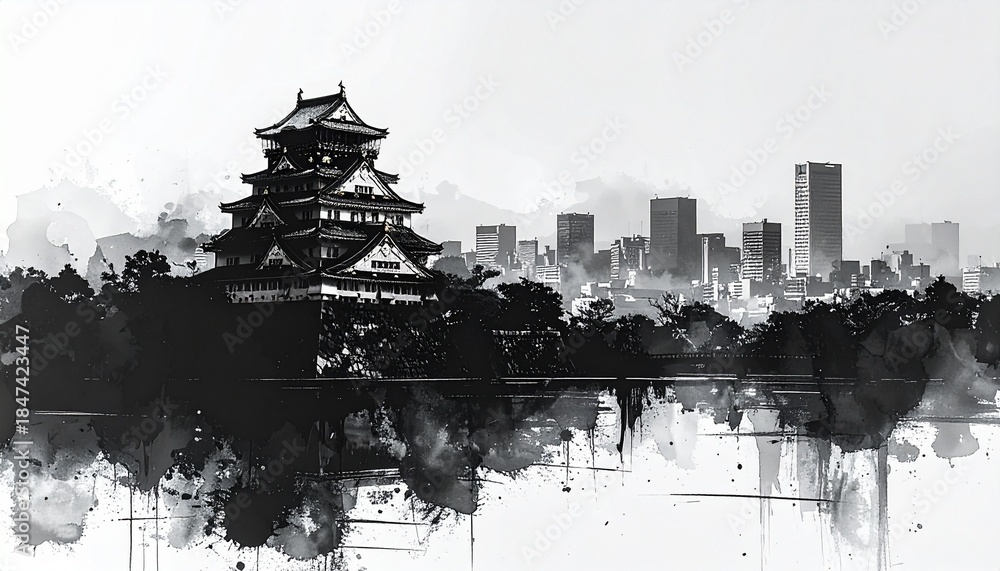 Obraz premium 大阪城と大阪市街を描いた白黒墨絵風景