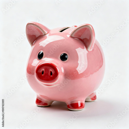 Fototapeta Naklejka Na Ścianę i Meble -  A shiny pink ceramic piggy bank with a slot for inserting coins. Ideal for saving money, financial goals, and home decor. Made of ceramic, it has a cute pig design.