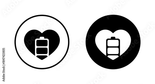 Heart battery icon in black circle. Love power life energy symbol