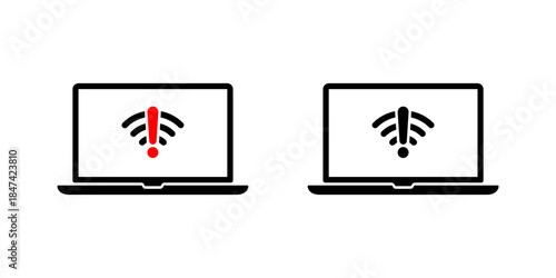 Laptop with WiFi warning icon. Internet connection error and network problem symbol