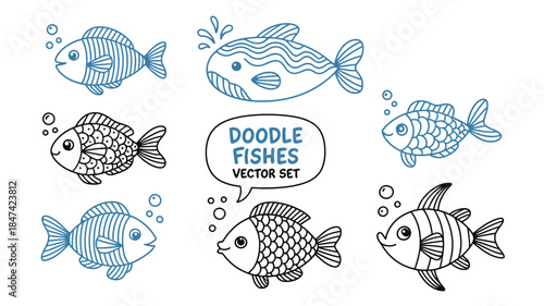 A charming set of six playful hand drawn doodle fish characters with bubbles swimming happily