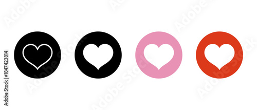 Heart icon set in outline and solid style. Love and romance symbol in circle