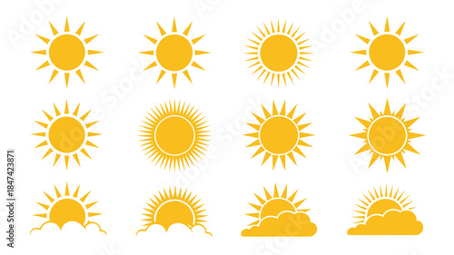 A collection of bright yellow sun icons and sunrises with clouds on a clean white background