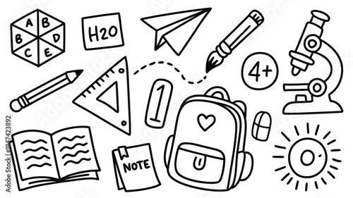 A collection of essential school supplies and science elements drawn in a simple doodle style