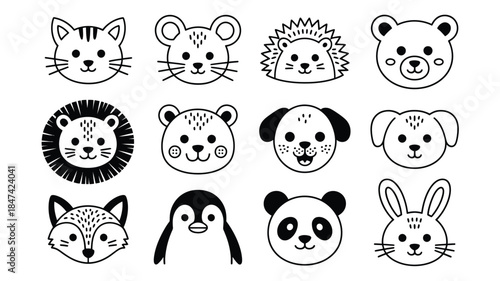 A collection of simple black and white outline drawings showcasing various cute animal faces for children
