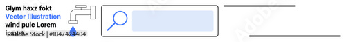 Environmental awareness, water conservation, online search, digital resources, sustainability, efficiency. A water tap with a droplet and a search bar icon. Environmental awareness and water