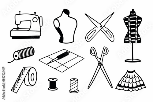 Set of fashion design sewing icons and tools