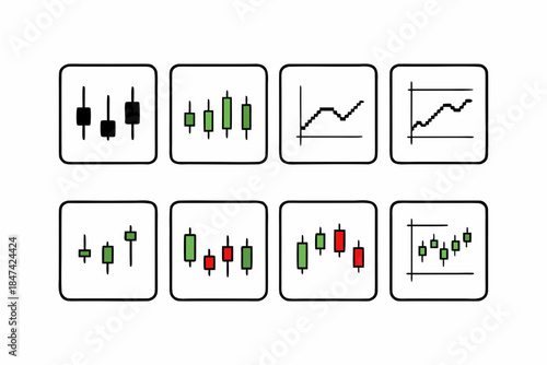 Set of financial market candlestick and line chart icons