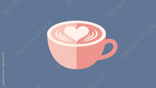 Minimalist Digital Illustration of a Heart-Shaped Foam Art in a Pink Coffee Mug with Wavy Lid