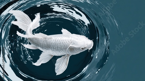 Graceful White Koi Fish Swimming in Circular Ripples on Water Surface