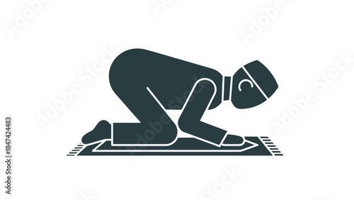 Islamic prayer icon representing a Muslim man kneeling in prayer on a prayer mat, symbolizing religious devotion and worship