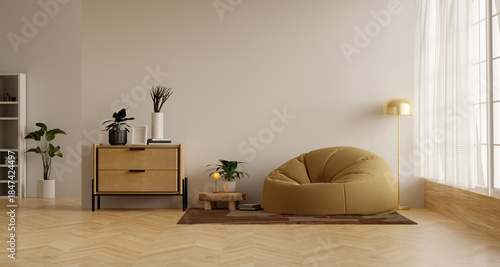 Contemporary living room design emphasizing harmony and well-being. 3D render illustration