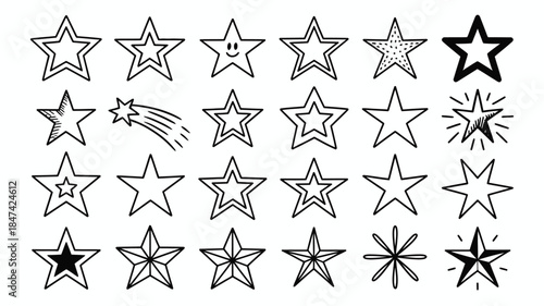 A comprehensive set of black outlined and solid star icons displayed on a clean white surface