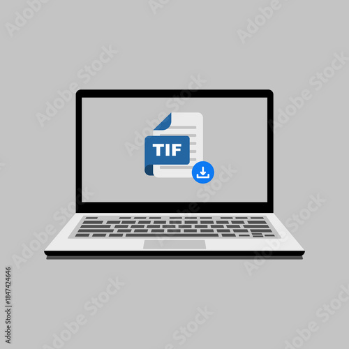 Digital document management concept with TIF file icon displayed on a modern laptop screen, indicating file download process