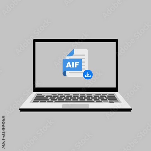 Laptop displaying an AIF audio file icon with a download symbol, representing digital media retrieval and compatibility and digital content management
