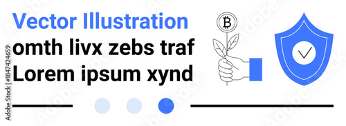 Bitcoin growing on plant, shield with checkmark indicating security. Ideal for blockchain, finance, cryptocurrency, investment, digital assets, growth concepts, simple landing page