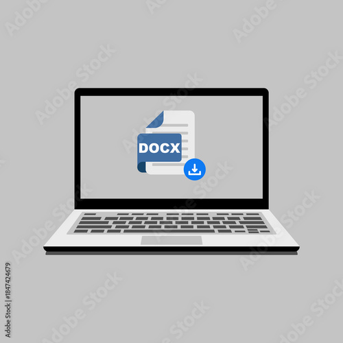 Modern laptop screen displaying a digital word document file with a prominent download icon, symbolizing data transfer, online access, and office productivity