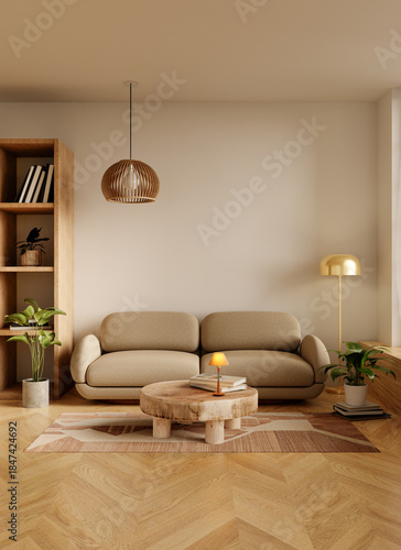 Modern minimalist living room setup with stylish furniture. 3D render illustration