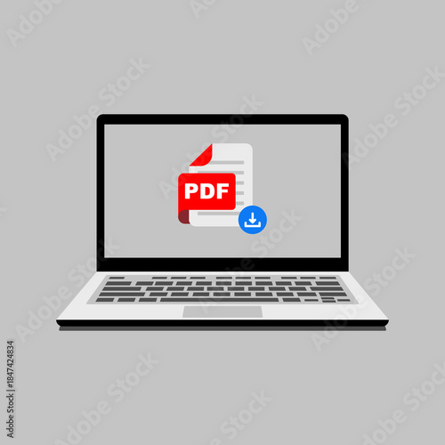 Laptop displaying a PDF document with a download icon, symbolizing digital file management and online document access