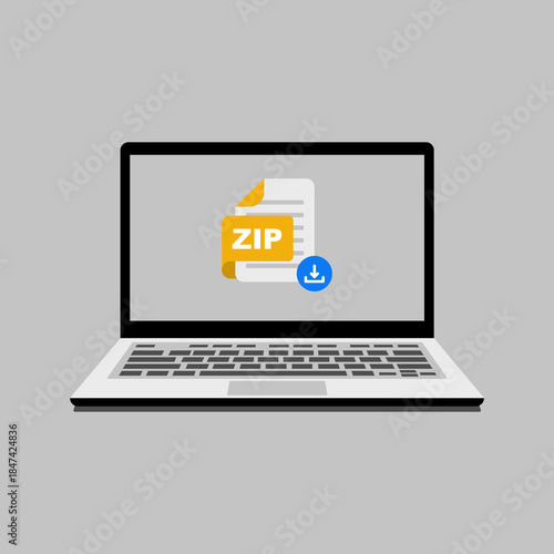 Laptop displaying a compressed ZIP file icon with a download symbol, representing data compression and file transfer