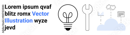 Innovation, technology, cloud computing, engineering, development, data analysis. Lightbulb, wrench cloud with data graphs. Innovation and technology elements for conceptual
