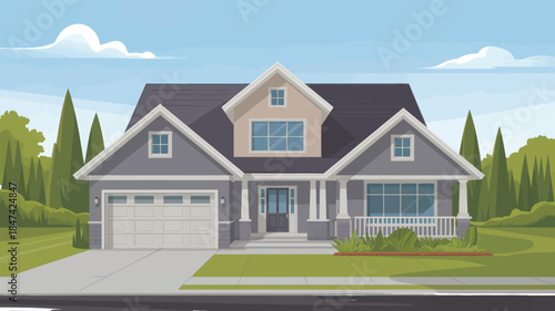 Suburban two-story family house with attached garage stands prominently on a green lawn for real estate advertising.