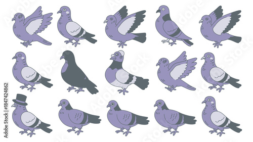 A delightful group of purple cartoon pigeons standing and flapping their wings in various playful poses
