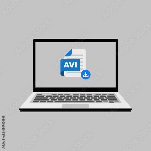 Modern laptop displaying an AVI video file with a download arrow, symbolizing digital content management and media transfer
