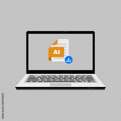 Accessing digital files on a laptop, with an 'AI' document icon and download arrow symbolizing data transfer and technology