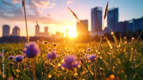 Sunrise over City Skyline with Wildflowers and Dew Drops