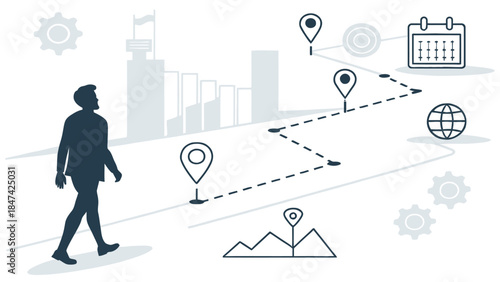 Businessman navigating through locations with route planning