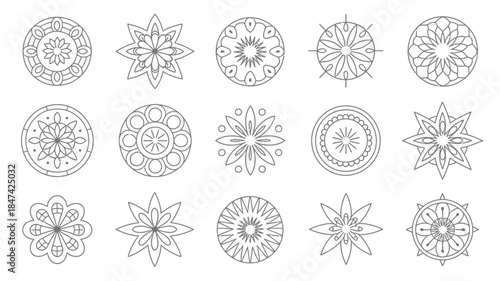A diverse collection of circular outline patterns featuring various intricate symmetrical geometric shapes