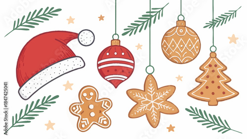 Festive Christmas decorations with Santa hat and sweet treats