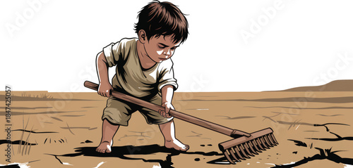 Small child working hard with a garden rake on dry cracked earth representing themes of drought and labor for editorial use.