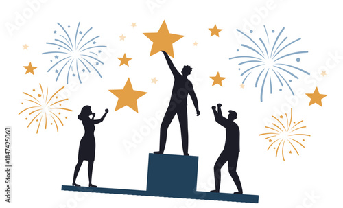 People celebrating success with star and fireworks display